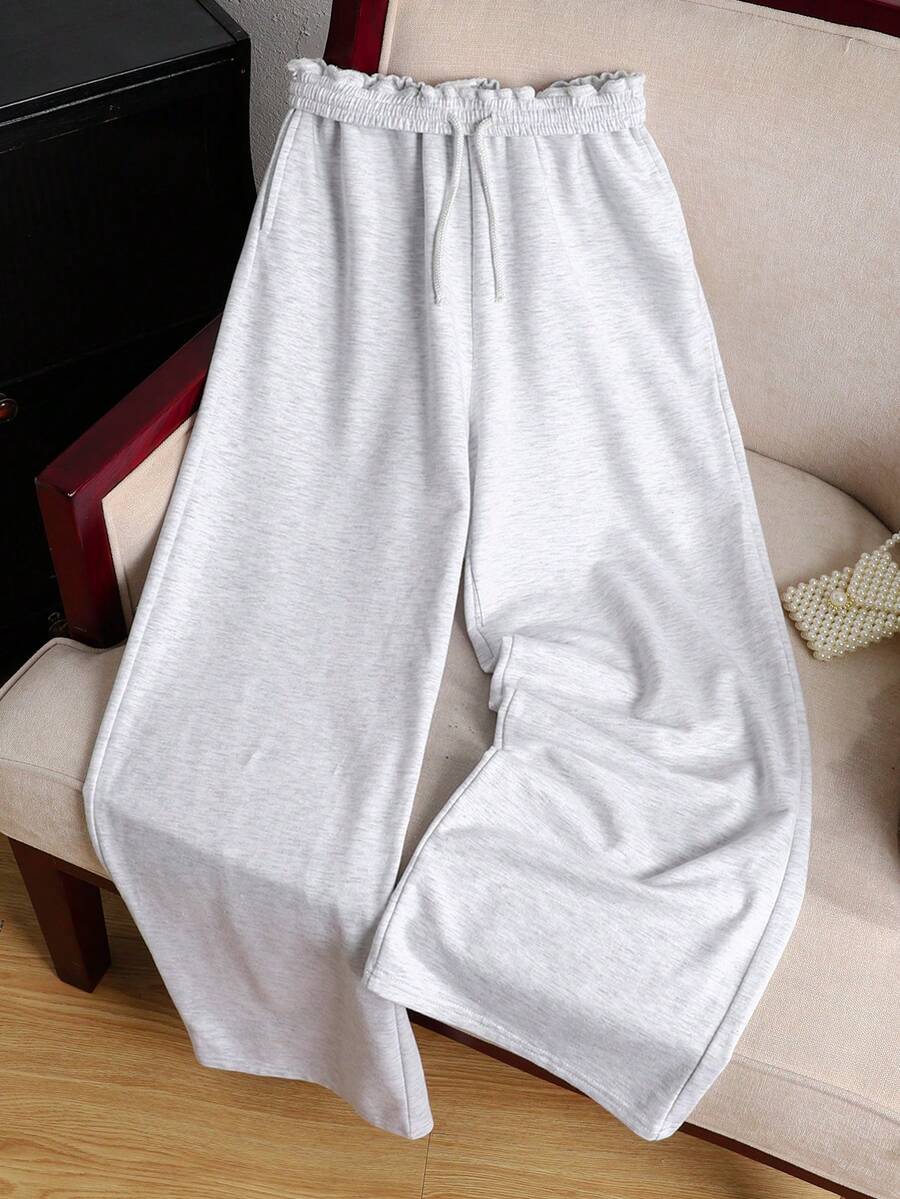 SHEIN Teen Girl Basic Knit Light Gray Drawstring Waist Loose Casual Wide Leg Pants