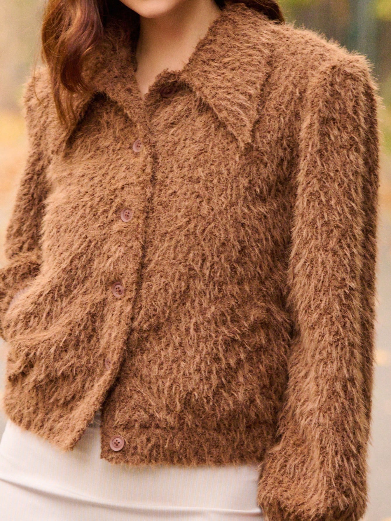 Brown Faux Fur Jacket With Wide Collar And Front Button Closure Spring Summer Look Brown Jacket Fluffy Brown Jacket Going Out  New Year