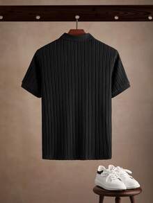 Core Aspect 男士纯色短袖休闲罗纹针织 Polo 衫 - 黑色 - 查看 2