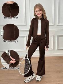 SHEIN Tween Girl Knit Comfortable Tight Stand Collar Zip-Up Long Sleeve Jacket And Tight Flare Pants 2 Pieces Sportswear Set, Autumn/Winter