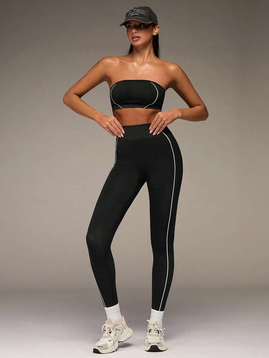 SHEIN BAE Sleeveless Black Micro Crop Strapless Set For Active Lifestyle Strapless Two Piece Set Two Piece Legging Set Workout Set Two Piece Gym Two Piece Set Yoga Set Two Piece Two Piece Sport Set Yoga Leggings Set Legging Two Piece Set - Black - View 1