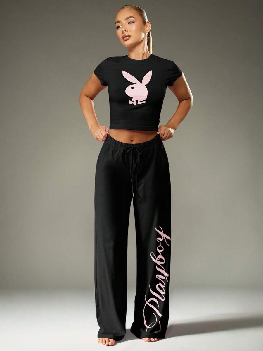 Missguided x Playboy Logo Cropped Tee And Wide Leg Drawstring Pants Sleepwear Pajama Set For Cozy Nights Loungewear - Black - View 1