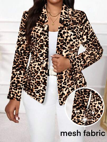 SHEIN Lady Casual Plus Size Women Solid Color Mesh Patchwork Casual Commuter Long Sleeve Open Front Jacket Black Blazer For Women Black Jacket Women Black Outfits For Women Sheer Sleeve Top Puff Sleeve Blazer Black Suit Jacket Women Sheer Black Sleeve Top Women Blazers Cheetah Print Blazers Animal Print Blazers Women's Blazers Leopard Print Jacket