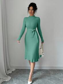 Rafferiza Abito in maglia a maniche lunghe con colletto alto, vita annodata, elegante e minimalista, a campana, in colore unito per donna - Verde - Visualizzare 4