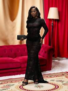 Slaydiva Elegante vestido negro de encaje de manga larga y espalda descubierta para fiesta, cumpleaños, bar, discoteca, cita o reunión con hermanas - Negro - Ver 6