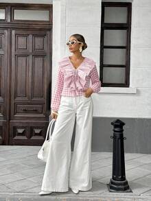 Pariaura French Retro Bubble Chiffon Plaid Print Women Shirt - Pink - View 3