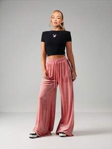 Missguided x Playboy Velvet Drawstring Wide Leg Palazzo Sweatpants With Logo High Rise Loungewear Pajama Bottoms - Pink - View 3