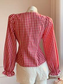 Comfortcana 女士秋季甜美格子系带心形领衬衫 - 紅色 - 查看 2