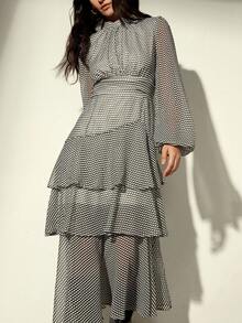 Aveloria Modichic Romantic French Style Layered Hem Polka Dot Dress With High Collar And Flowy Long Sleeves - Multicolor - View 2