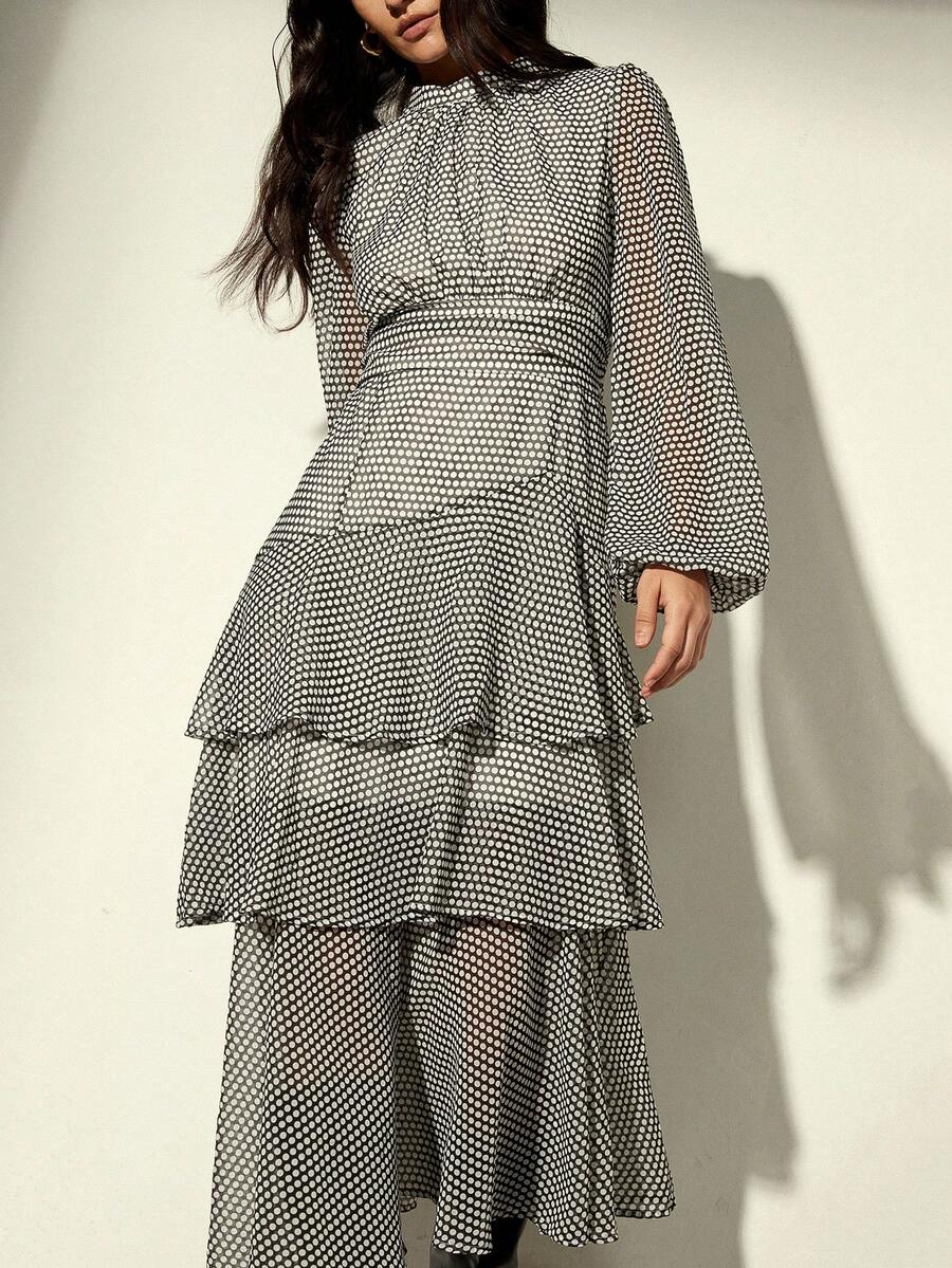 Aveloria Modichic Romantic French Style Layered Hem Polka Dot Dress With High Collar And Flowy Long Sleeves - Multicolor - View 1