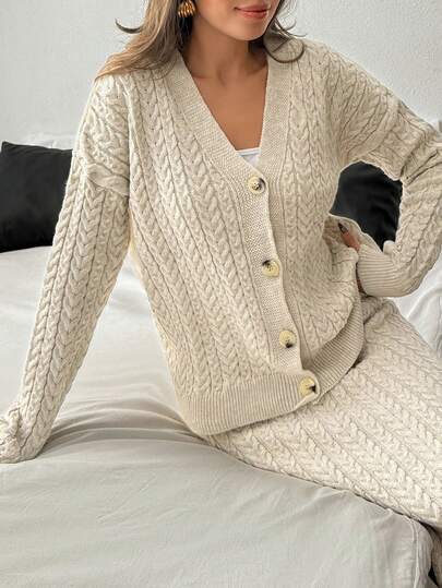 Casual Knit Co-Ord Set With Cozy Long Cardigan And High-Waist Maxi Skirt Buttoned Cable Knit Oversized Cardigan & High-Waist Maxi Skirt Two Pieces Lounge Set – Soft Cozy Fall Winter Minimalist Chic Neutral Matching Outfit