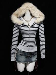 SHEIN ICON 女士Y2K斑马纹抓绒连帽拉链修身休闲长袖卫衣，冬季女装，秋季女装，动漫女装 - 灰色 - 查看 1