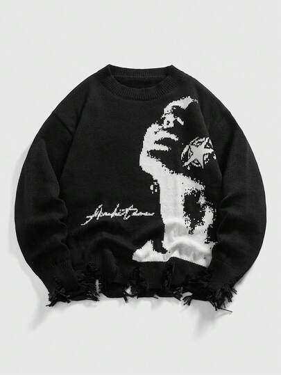 ROMWE MEN Street Life Vintage Crew Neck Jacquard Knit Sweater For Big Kids