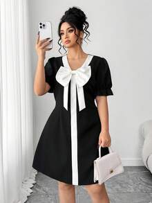 SHEIN Elenzya Đầm xòe phối màu dành cho nữ cỡ lớn, thiết kế nơ, thích hợp cho ngày Valentine. - màu đen - Xem 1