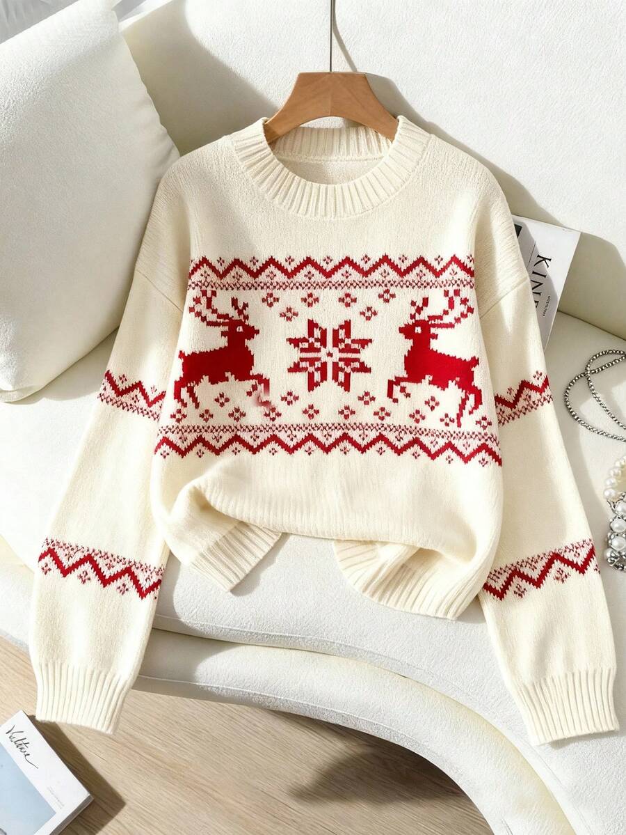 SHEIN LUNE Christmas Reindeer Pattern Dropped Shoulder Knit Sweater Everyday Vacation Red And White Polka Dot Autumn Casual - White - View 1