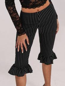 SHEIN ICON Y2k Women's Black Striped Low Waist Ruffle Hem Skinny Capri Pants,Summer - Black - View 3