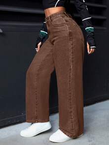 SHEIN PETITE Jeans rectos de cintura alta lavados de estilo casual para mujer - Café integral - Ver 5