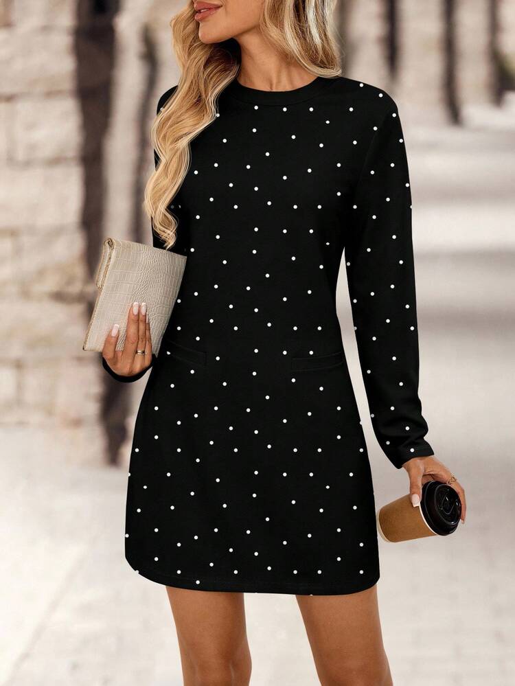 Women's Short Dress, Autumn Fashion, Party Dress, Casual Dress, Black Dress, Elegant Dress, Long Sleeve Dress, Short Party Dress, Outfit, Graduation Dress, Fashionable Dress Women Long Sleeve Dress Black Dresses For Women Women Mini Dresses Black Polka Dot Dress Polkadot Dress Spring,Casual