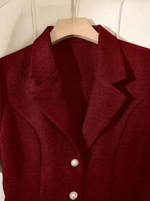 Franclia Women's Lapel NeckBamboo Knit Fabric Dress, With Front Metal Buckle & Pearl Metal Mushroom Button, Mid-Length - Red - View 3