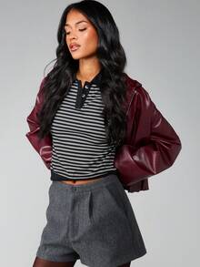MISSGUIDED High Waisted Wide Leg Tailored Shorts With Button Detail And Side Pockets For Fall Winter Office Casual Wear - Dark Grey - View 6