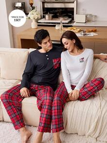CoupledUp Fashionable Contrast Plaid Pocket Men's Pajama Set Couple Pajama Sets Men Pjs Set - Black - View 5