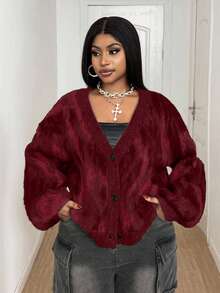 Maweii 大码女式扎染长袖单排扣宽松针织开衫，秋冬款 - 紅色 - 查看 1