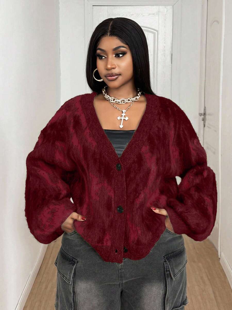 Maweii 大码女式扎染长袖单排扣宽松针织开衫，秋冬款 - 紅色 - 查看 1