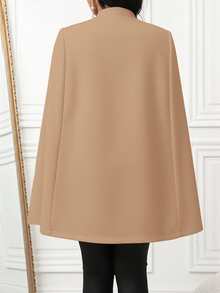 SHEIN Lady 黑色披肩羊毛大衣在秋冬季节时尚百搭，适合日常通勤、聚会和办公穿着。 - 卡其色 - 查看 2