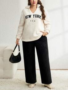 SHEIN LUNE Plus Size 2pcs/Set Solid Color Lapel Long Sleeve Top And Pants Casual Outfit,Winter Thermal Lined Knit Sweater Lounge Wear Sets,Black And White School - Multicolor - View 3
