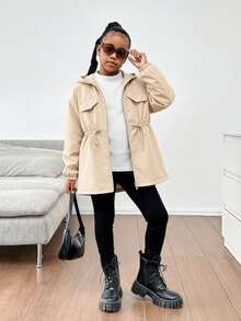 SHEIN Tween Girl Solid Color Drawstring Hooded Casual Jacket, With Drawstring Waist, Suitable For Autumn/Winter, Cute Jacket, Jacket For Teen Girl, Jackets For Girls Spring, Coats For Girls - Khaki - View 3