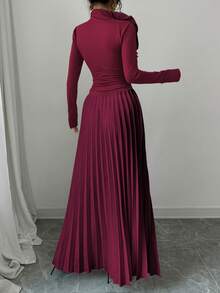 Elenzga Asymmetrical Pleated Colorblock 3D Flower Decor Elegant Women Dress Maxi Women Outfit - Burgundy - View 2
