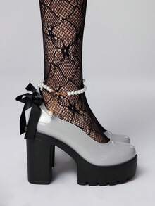 ROMWE Kawaii Women's Thick Sole Bow Decor Fashion Versatile High Heels Valentine's Day - Grey - View 4
