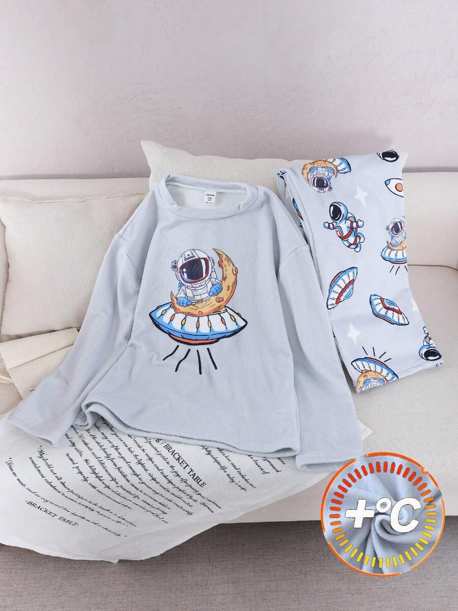 Tween Boys Pajamas-2 Piece Pajama Set Long Sleeve Crew Neck Space Astronaut Print Top Matching Planet Print Long Pants Cozy Fleece Feel Warm Autumn Winter Sleepwear Home Lounge Bedtime Holiday 2026 New Year Essential - Light Grey - View 1