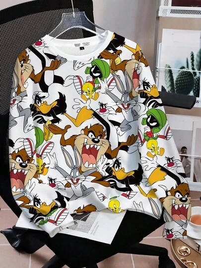 LOONEY TUNES X SHEIN 女士休闲卡通图案圆领长袖运动衫，秋冬舒适穿着
