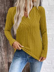 SHEIN LUNE LUNE V领磨毛罗纹女式上衣，跨境电商秋冬新品 - 芥末黃 - 查看 4