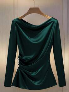GlowEve CURVE Plus Size Women's Shiny Fabric Long Sleeve Shirt, Versatile For Commuting, Side Pleated Design With Buttons - Olive Green - View 1