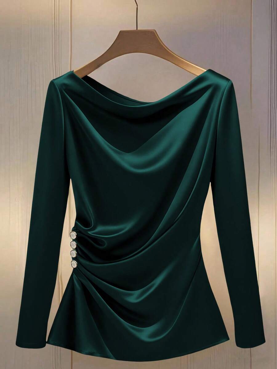 GlowEve CURVE Plus Size Women's Shiny Fabric Long Sleeve Shirt, Versatile For Commuting, Side Pleated Design With Buttons - Olive Green - View 1