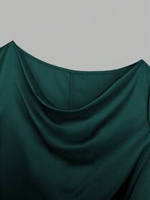 GlowEve CURVE Plus Size Women's Shiny Fabric Long Sleeve Shirt, Versatile For Commuting, Side Pleated Design With Buttons - Olive Green - View 5