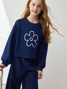 Tween Girls' Oversized Crew Neck Drop Shoulder Long Sleeve Casual Pullover Pullover Sweatshirt Set - Navy Blue - View 5