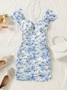 Teen Girl Floral Print Ruffle Neck Fashionable Vacation Dress - Blue - View 2