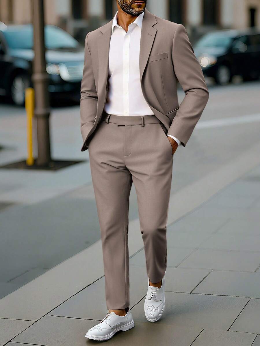 Calvornis Men's Coffee Color V-Neck Casual Suit Set, Spring/Summer - Coffee Brown - View 1