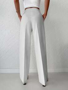 EURMUSE Solid Zipper Fly Straight Leg Pants - Beige - View 2