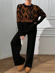 EURMUSE Boho Sweater And Trouser Casual Simple - Black - View 1