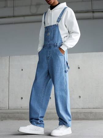 Manfinity Hypemode Salopette casual da uomo in denim con tasche multiple sul petto, stile streetwear