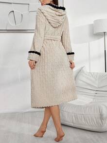 Contrast Color Pom-Pom Hooded Jacquard Plush Ladies Robe, For Fall Winter, Cozy Outfit, Fluffy