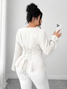 Elenzga Áo sơ mi nữ cổ chéo hở xẻ sau lưng cỡ lớn - trắng - Xem 2