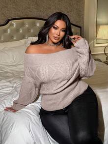 NU&NOW Áo len dệt kim cáp hở vai màu trơn cỡ lớn cho nữ - Màu be - Xem 5