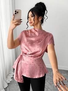 Elenzga Áo sơ mi tay ngắn cổ tròn thắt eo lãng mạn cỡ lớn dành cho nữ, chất liệu vải satin hình trái tim, kiểu áo thanh lịch kiểu Pháp khi đi làm và ngày lễ tình nhân - Hồng - Xem 3