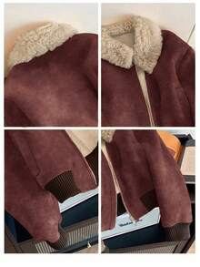 Franclia Áo khoác nữ cổ lông dày thời trang thường ngày, thu/đông - Màu đỏ tím - Xem 3