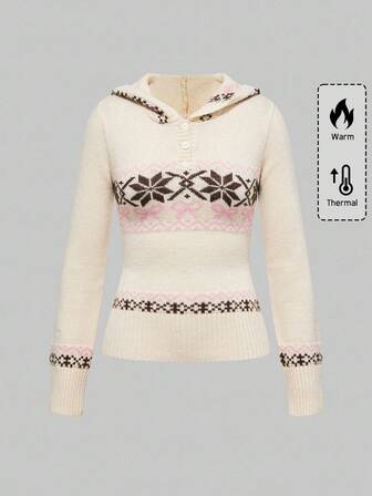 ROMWE Avant Maglione con cappuccio aderente da donna con motivo Fair Isle vintage Y2K e fiocco